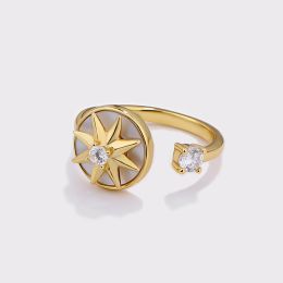 925 Sterling Silver Rotating Compass Eight-pointed Star Ring Female Ins Style Niche Light Luxury Open Ring (select: PO56-white)