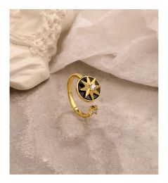 925 Sterling Silver Rotating Compass Eight-pointed Star Ring Female Ins Style Niche Light Luxury Open Ring (select: PO56-black)
