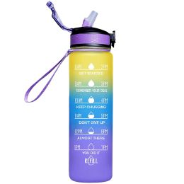 Outdoor gradient tritan large capacity plastic straw sports water cup portable fitness water bottle space cup wholesale (colour: 1000ml yellow blue purple gradient)