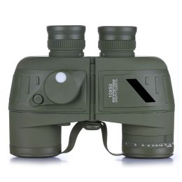 HD 10X50 High Power Binoculars with Rangefinder Compass for Hunting Boating Bird Watching Nitrogen Floating Waterproof (Color: Compass Green)
