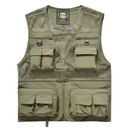 Men's Vest Tactical Military Outdoor Multi-Pockets Jacket Zipper Sleeveless Travels Male Photography Fishing Men (Color: Khaki)