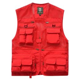 Men's Vest Tactical Military Outdoor Multi-Pockets Jacket Zipper Sleeveless Travels Male Photography Fishing Men (Color: Red)