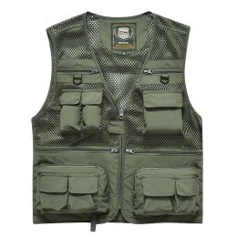Men's Vest Tactical Military Outdoor Multi-Pockets Jacket Zipper Sleeveless Travels Male Photography Fishing Men (Color: Green)