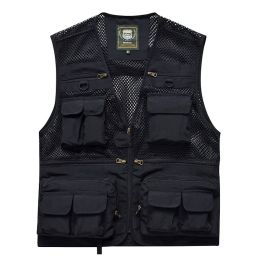 Men's Vest Tactical Military Outdoor Multi-Pockets Jacket Zipper Sleeveless Travels Male Photography Fishing Men (Color: Black)