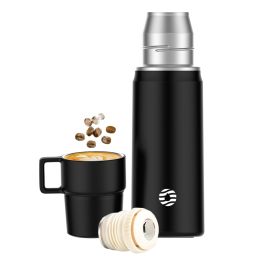 Healter 850ml Travel Vacuum Flask;  Water Thermos Bottle for Coffee;  Built-in Lid Cup;  Stainless Steel;  Thermal Tea Mug;  Sport Bottles (Color: Black)